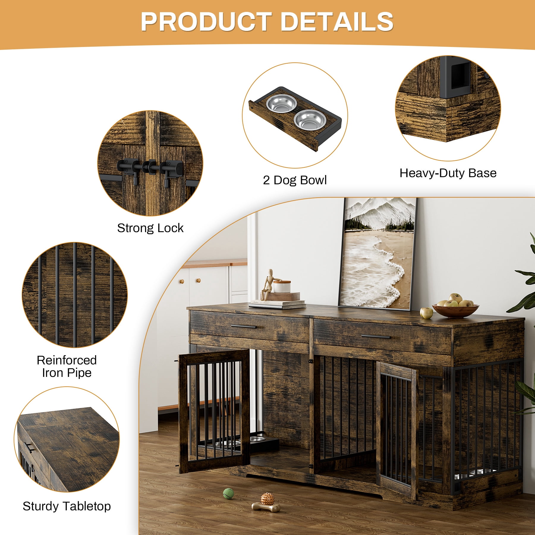 WIILAYOK 72.05" Dog Crate Furniture, Wooden Dog Kennel with 2 Drawers and 4 Dog Bowls, Heavy Duty Indoor Furniture Style Dog Cage House(Rustic Brown)