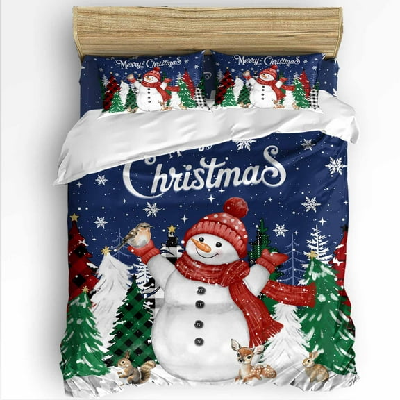 Christmas Snowman King Size Comforter Set, Xmas Snowflake Tree Navy Blue Soft Bedding for All Seasons, 4 Pcs Bed Set with 1Comforter (90"x106") ,1 Sheet(94"x116"), 2 Pillowcases (19"x35")