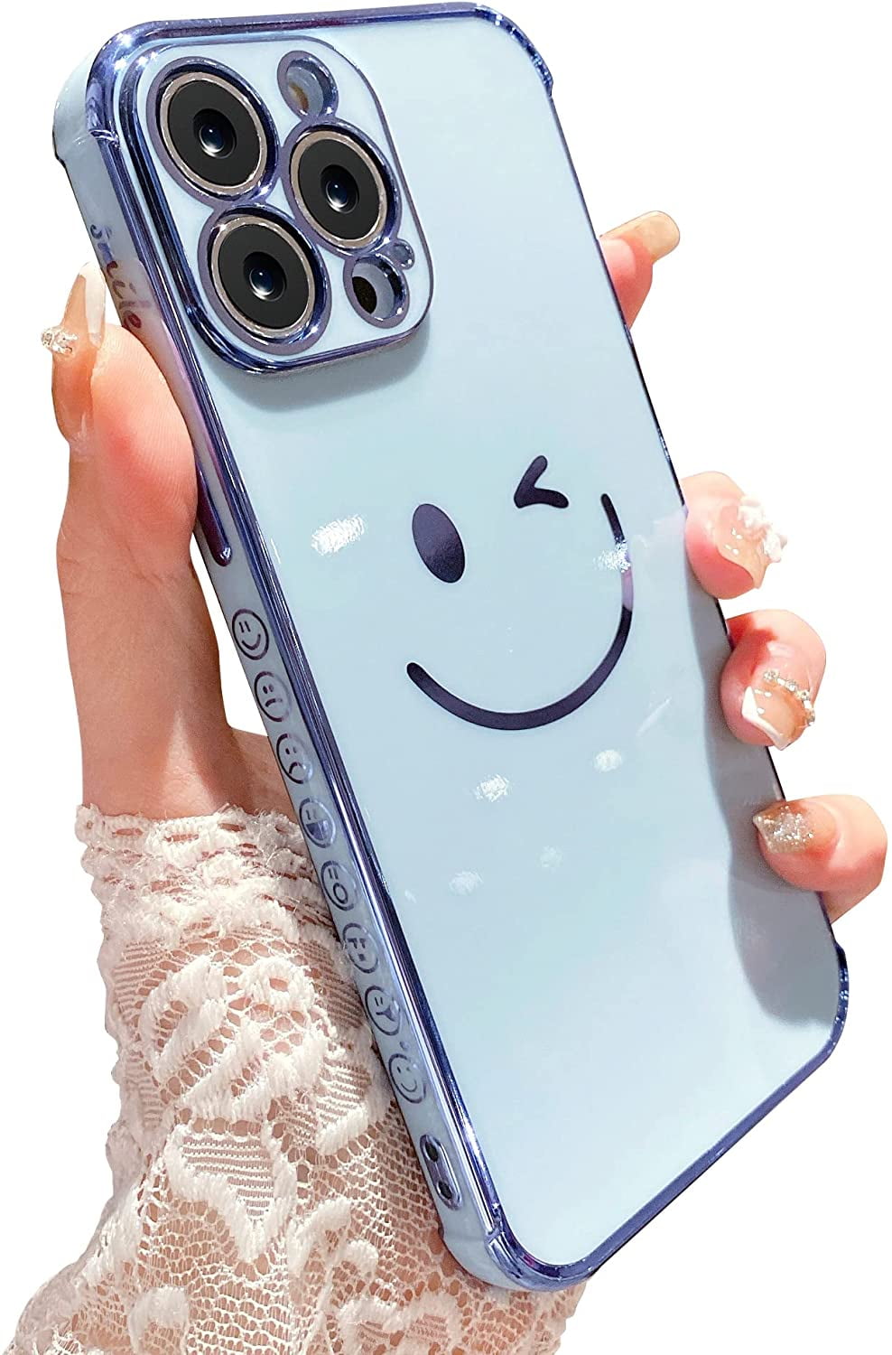 Alyly Compatible With Iphone 13 Pro Max Case Cute Golden Plated Smile Face Back Cover All Round Camera Protection Raised Reinforced Corner Full Body Silicone Cover Case 6 7 Inch Mountain Blue Walmart Com