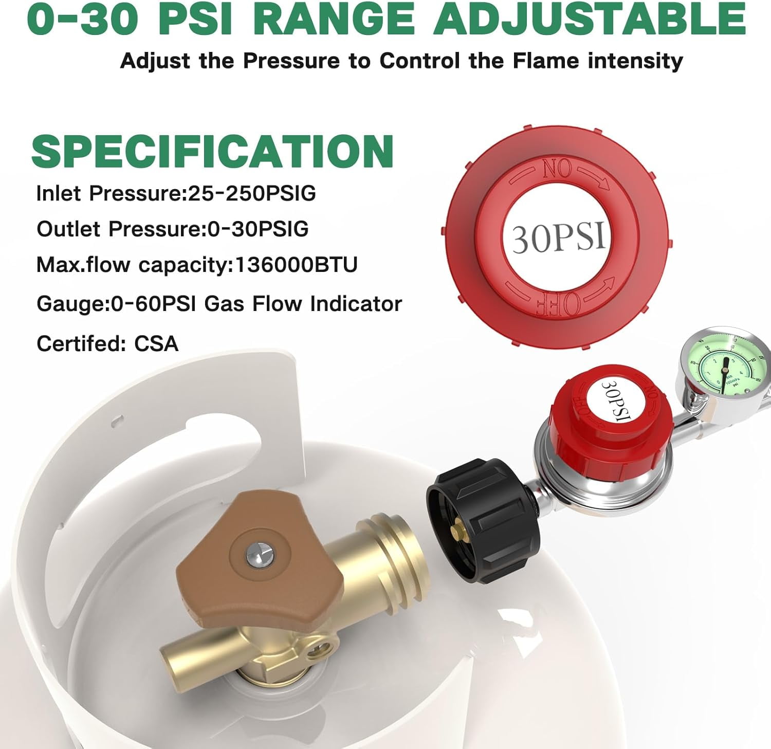 24FT 0-30 PSI Adjustable High Pressure Propane Regulator with Gauge 0~60PSI Gas Flow Indicator Stainless Propane QCC1 Hose with 3/8 Flare x 1/8 MNPT Fits for LP Gas Cooker, Burner, Turkey Fryer,Smoke
