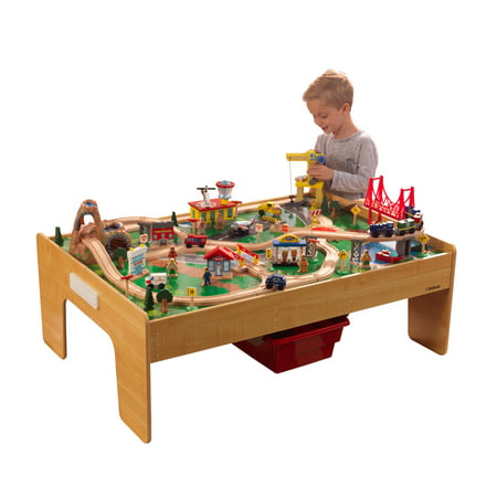 KidKraft Adventure Town Railway Wooden Train Set & Table with 120 Accessories and Storage Bins