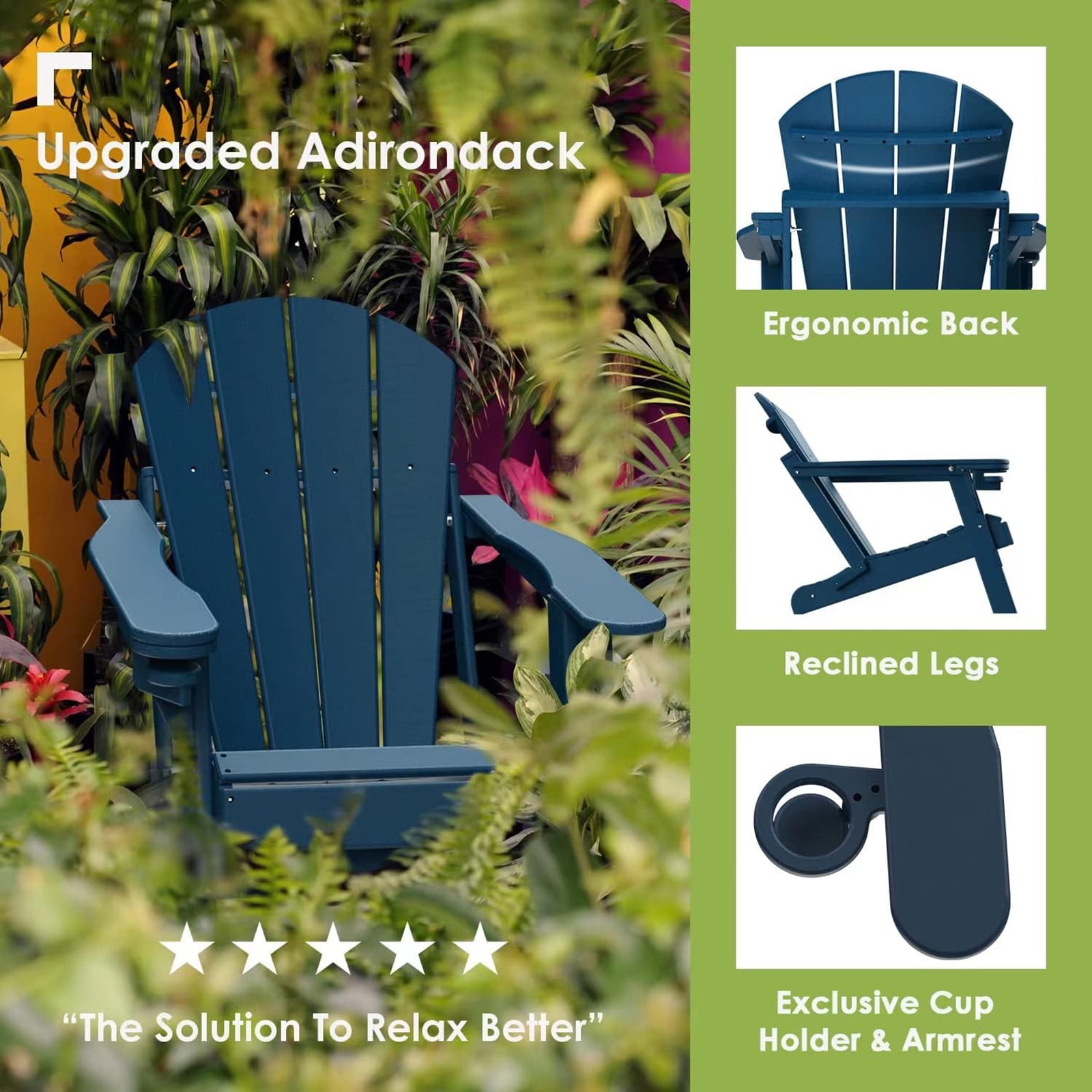 Tappio Foldable HDPE Adirondack Chair, Patio Seat All Weather Outdoor Patio Chair with Cup Holder for Lawn Yard Fire Pit, Wooden Textured, Blue