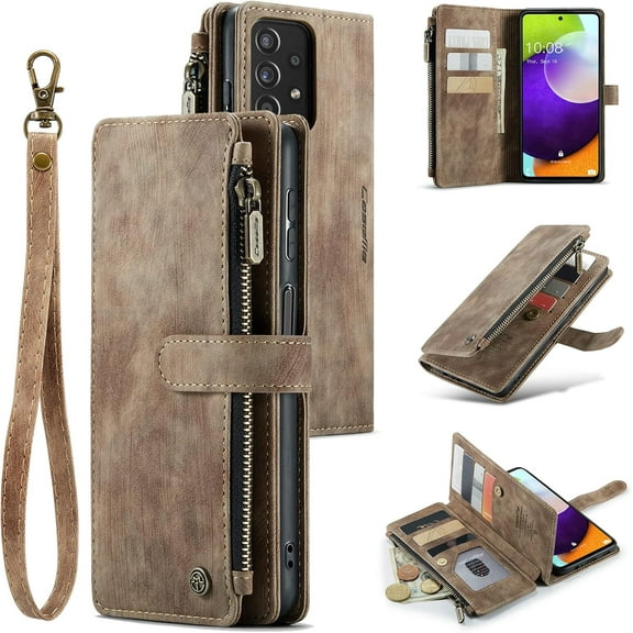Wallet Case for Samsung Galaxy A52 4G/5G A52S 5G, Premium Handmade PU Leather Phone Case Card Slots Magnetic Closure Zipper Pocket Kickstand Flip Case with Hand Strap - Vintage Brown