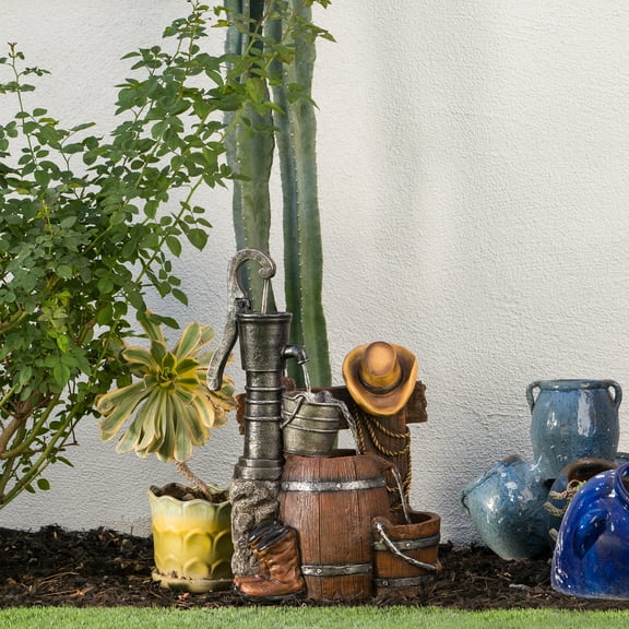Alpine Corporation 26" Tall Outdoor Vintage Pump and Barrel with Cowboy Hat Fountain Yard Art Decor