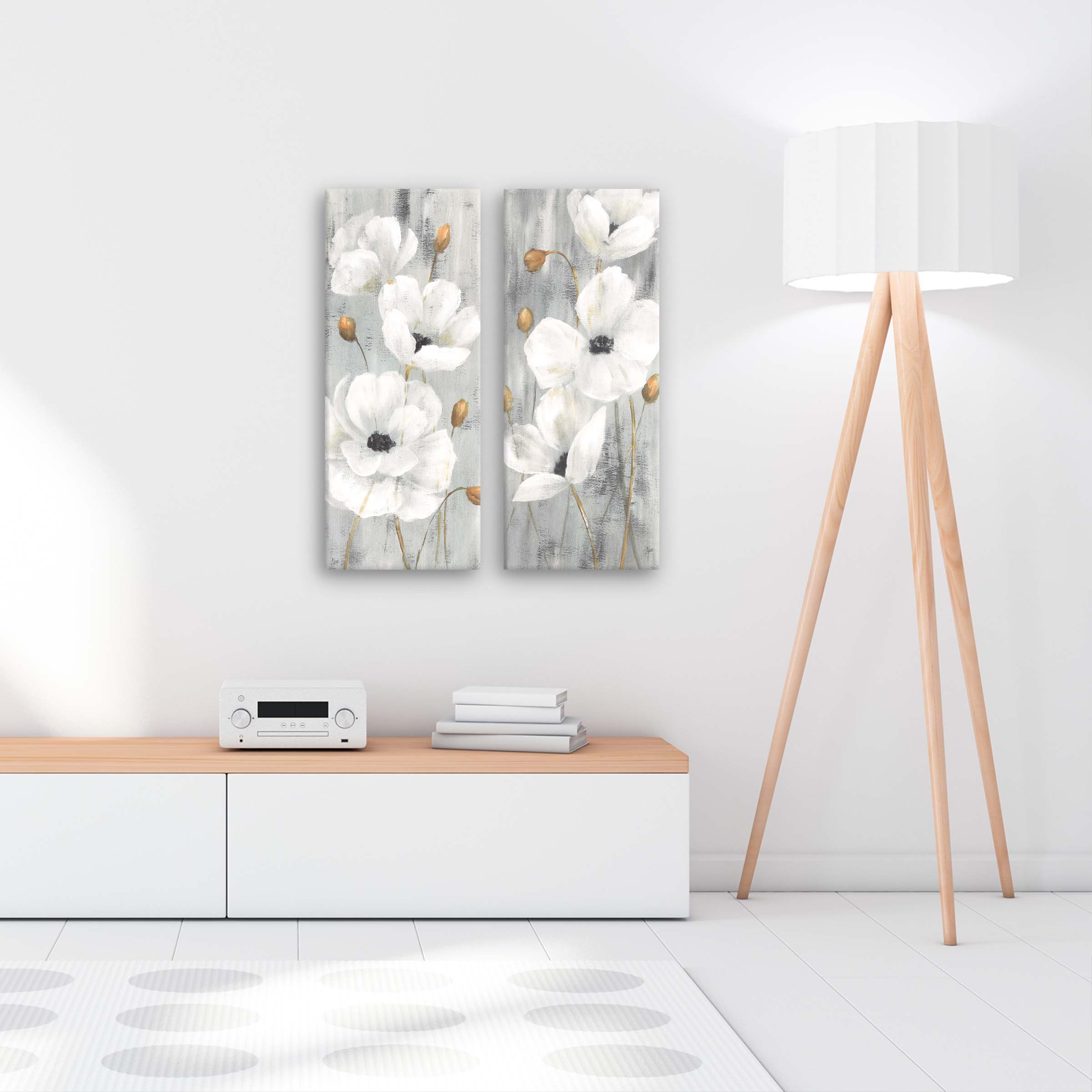 Prinz White Peonies 7.5" X 19.5" Flowers Canvas Wall Art, Set of 2, Floral Wall Decor for Bedroom, Bathroom, Living Room