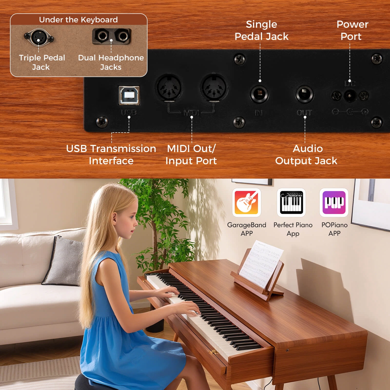 Costway 88-Key Graded Hammer Action Weighted Keyboard with  Push-pull Drawer Record Replay