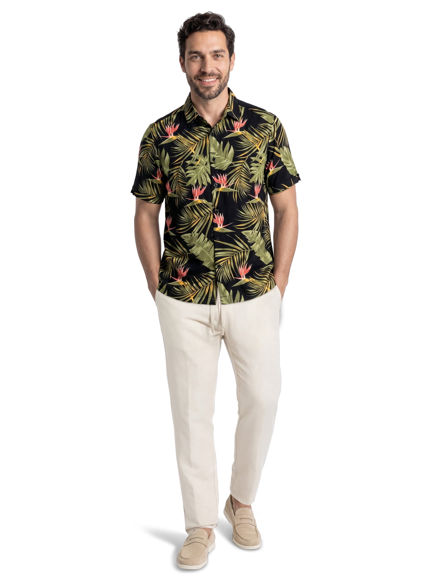 Cafe Luna Men’s and Big Men's Short Sleeve Tropical Bird of Paradise Print Camp Button-Down Shirt, S-5XL