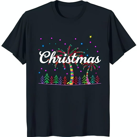Festive Blue T-Shirt with Colorful Trees and Christmas Lights Design