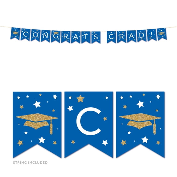 Royal Blue and Gold Glittering Graduation, Hanging Pennant Party Banner with String, Congrats Grad!, 5-Feet, 1 Set