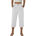 thumbnail image 3 of Cargo Capris New Women’s Elastic Waist Capris Fashion Straight Leg Cropped Pants with Button Decor Loose Casual Rolled Hem Capris Pants White M, 3 of 5