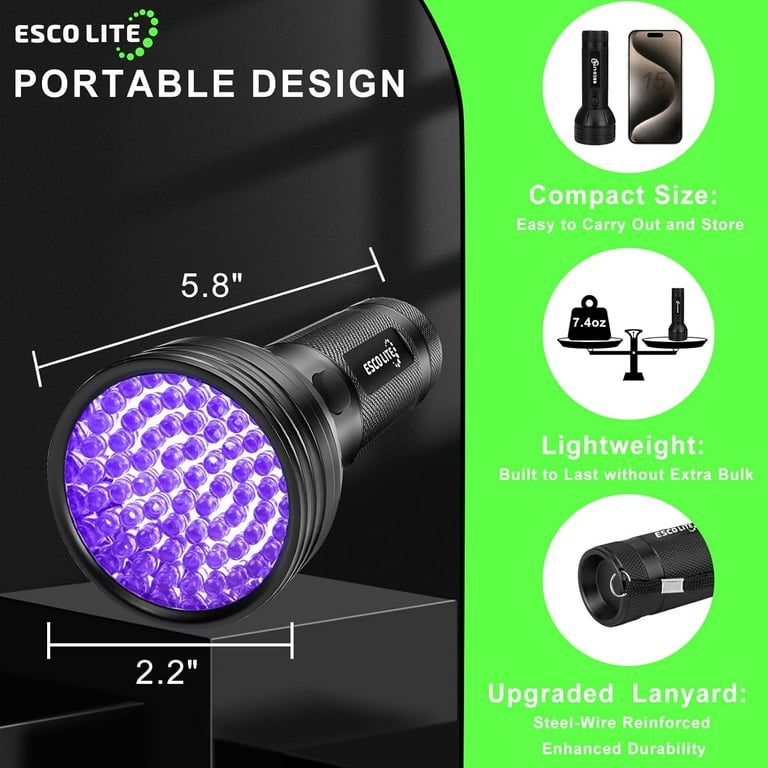 escolite uv flashlight black light 51 led 395 nm ESCO LITE and 128LED 395nm Handheld Ultraviolet Flashlight for Pet Urine Detection, Scorpion Hunting : Pet Supplies Please confirm whether the batteries( not included) with correct polarity are installed correctly ESCO LITE 51 LED 395nm