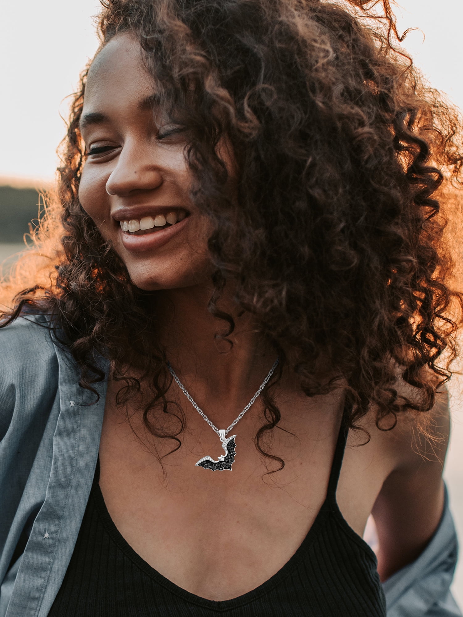 JewelersClub Diamond Bat Necklace Halloween Jewelry – 1 CTW Black and White Diamond Halloween Necklace – Sterling Silver Rope Chain with Bat Pendant – Witchy Jewelry for Women