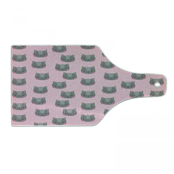 Cat Cutting Board, Greyscale Feline Portraits with Pastel Colored Stars and Hearts Background, Tempered Glass Cutting and Serving Board, Wine Bottle Shape, Grey Pink Pale Pink, by Ambesonne