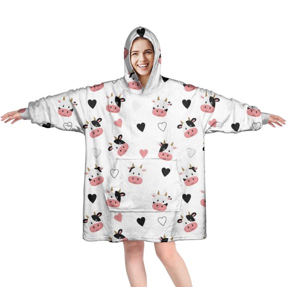 Wearable Oversized Blanket,White Cow Heart Pattern Wearable Blanket Hoodie for Adults,Cozy Hooded Blankets with Super Pockets,Super Warm Fuzzy Pullover for Women & Men