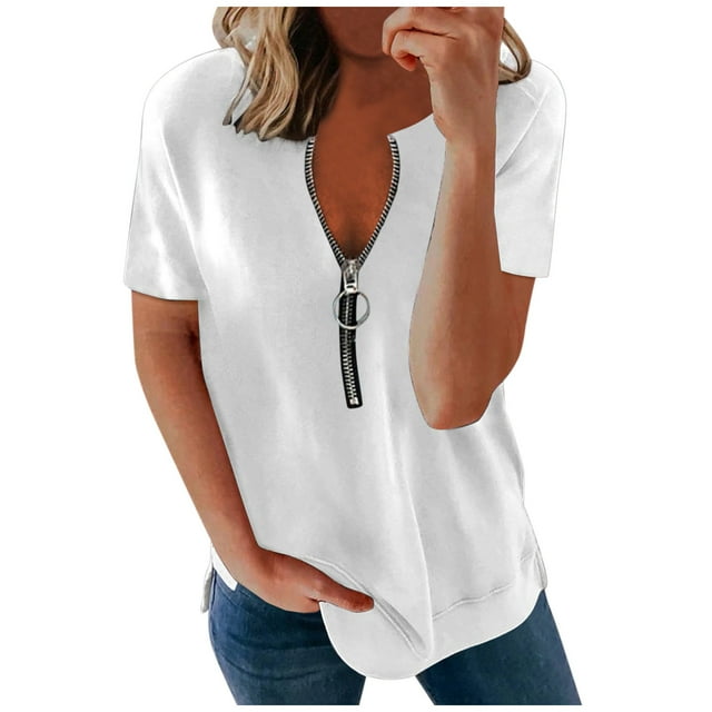 B91xZ Tunique Femme Col Rond Manches Courtes Hauts Pull, Blanc m