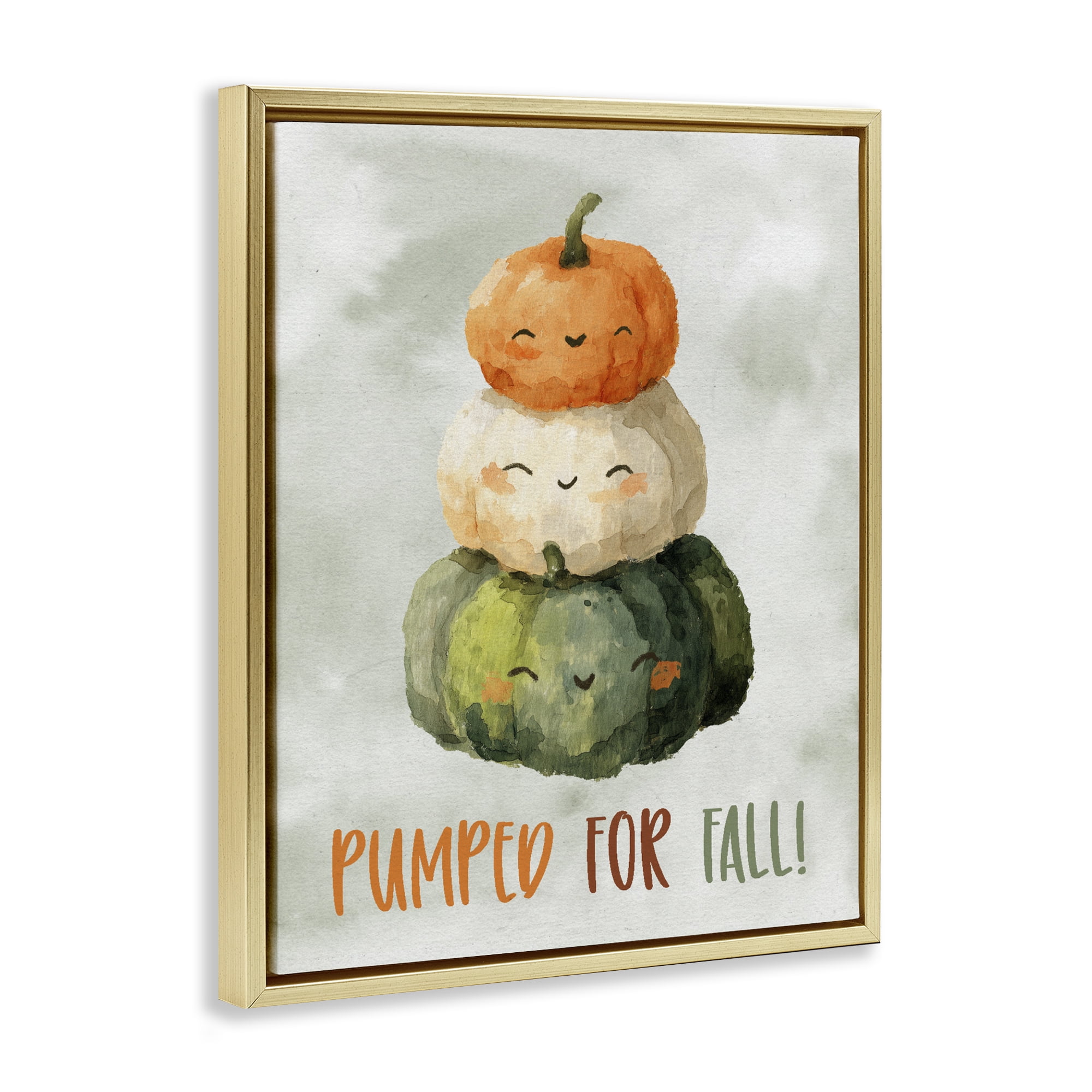 Stupell Industries Smiling Pumpkins Pumped For Fall Gold Framed Floater Canvas Wall Art, design by Ziwei Li