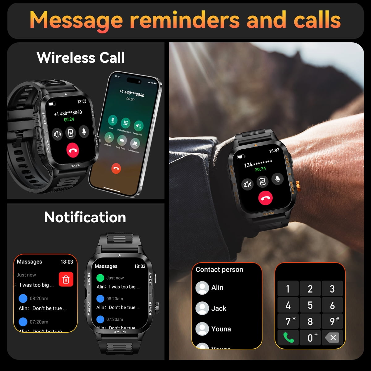 QTLLBT KT89 Series Alarm Smart Watch No Plan-Unlocked Device 1.96in Black Aluminum Case with Black Sports Band