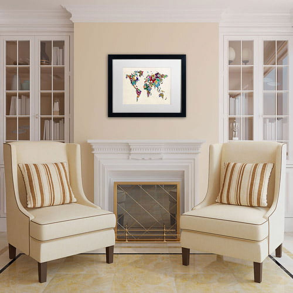 Trademark Fine Art "Butterflies Map of the World II" Canvas Art by Michael Tompsett, White Matte, Black Frame