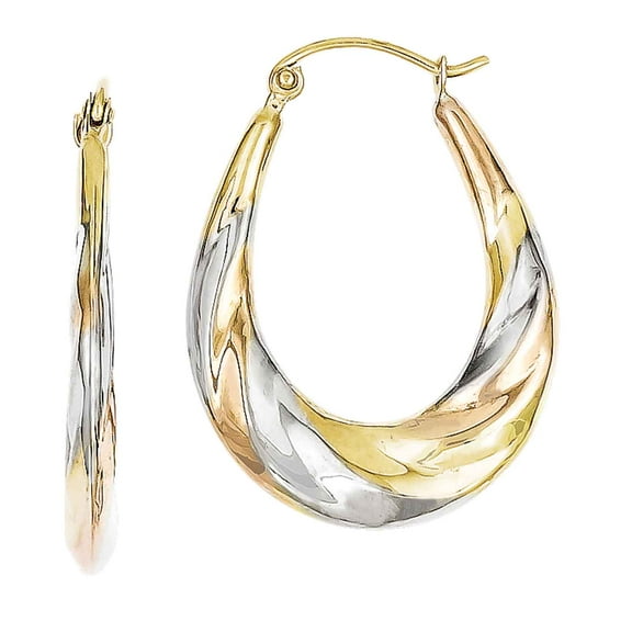 Primal Gold 10 Karat Yellow Gold and Rhodium Oval Scalloped Hollow Hoop Earrings