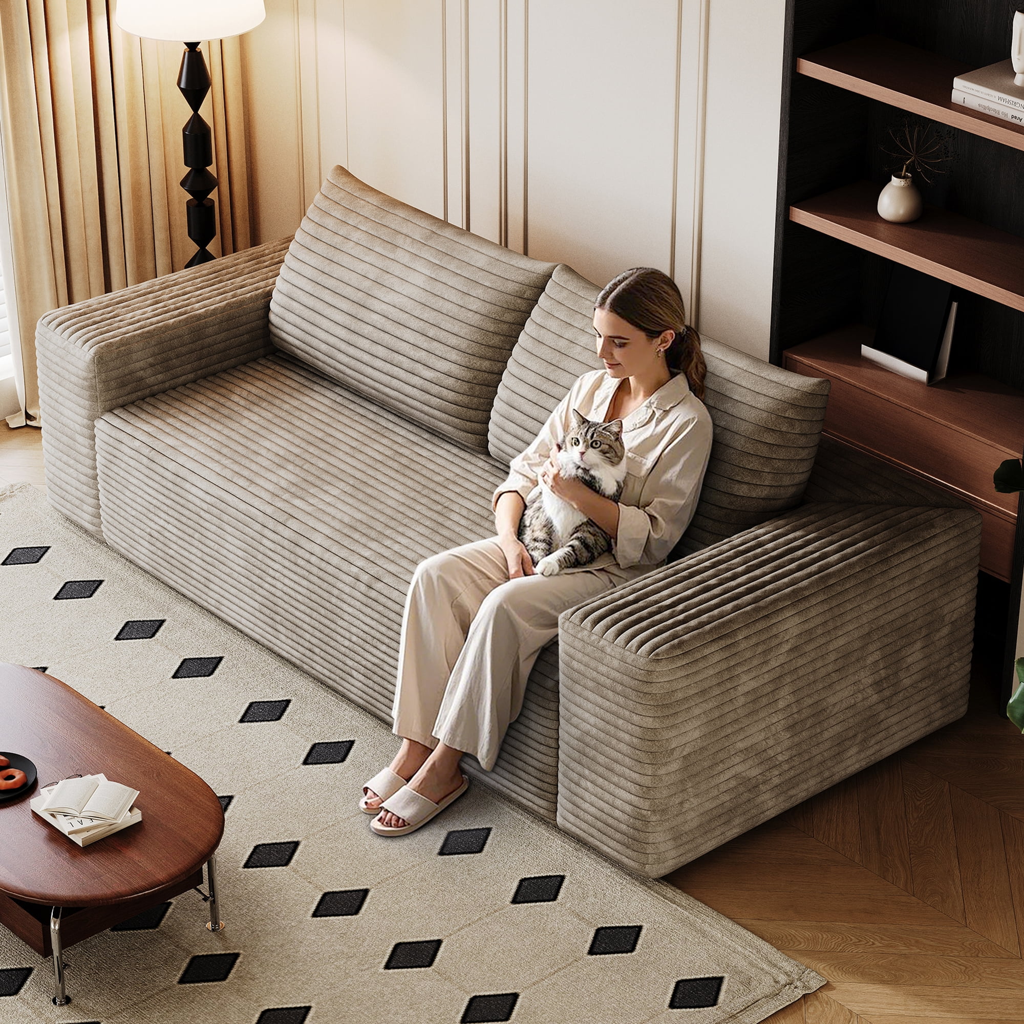 MAYEERTY 63" 2-Seater Sofa Camel Corduroy Deep Seat No Assembly Living Room/Bedroom/Conference Room