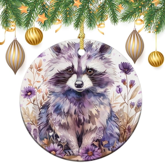 Christmas Tree Ornament Abstract Raccoon Custom 3" Ceramic 2024 Xmas Ornament Christmas Tree Gifts Gift Ideas for Home Decor Watercolor Raccoon With Purple Flowers Ceramic Christmas Ornament