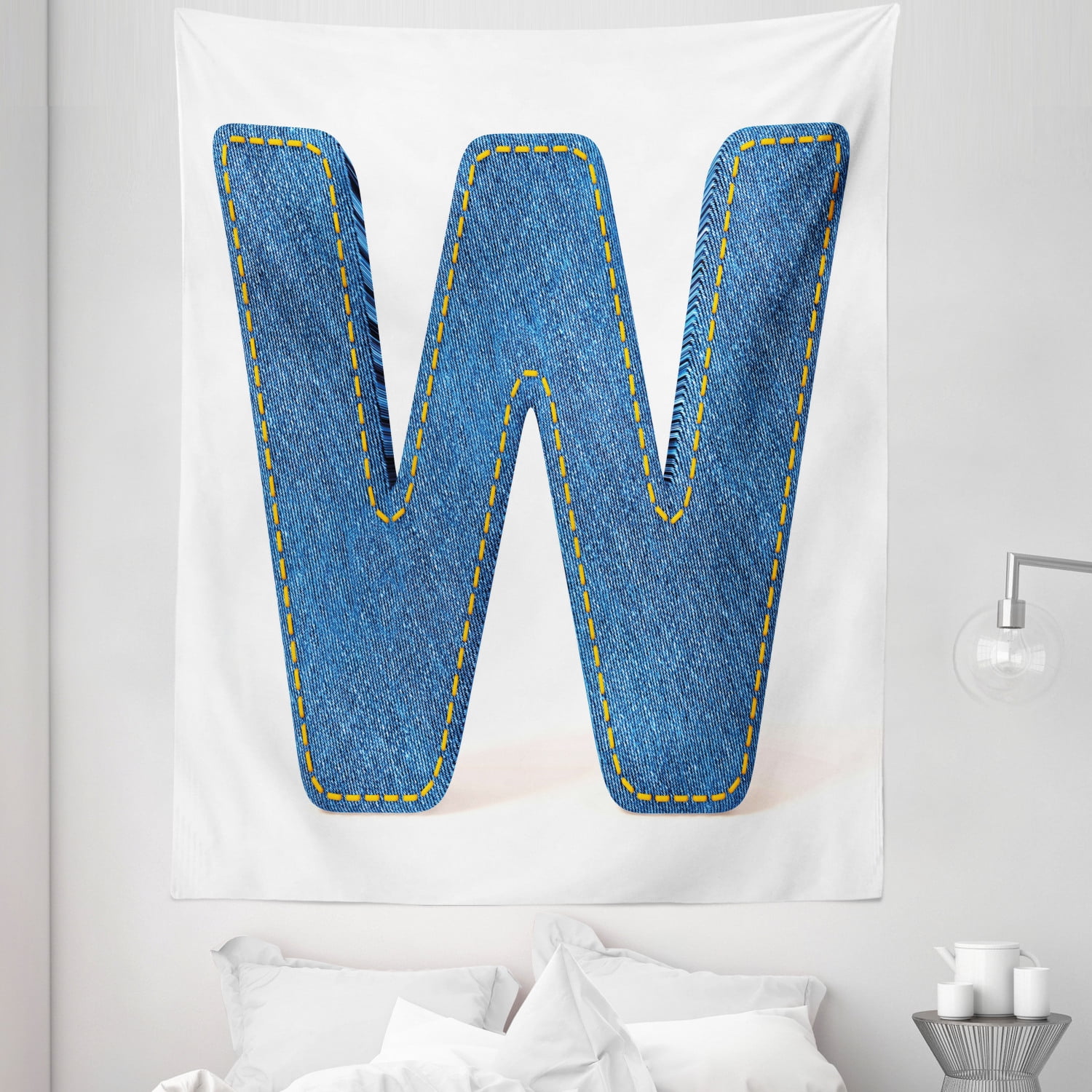 Letter W Tapestry, Symmetrical Latin Letter Capital W with Blue Jean ...