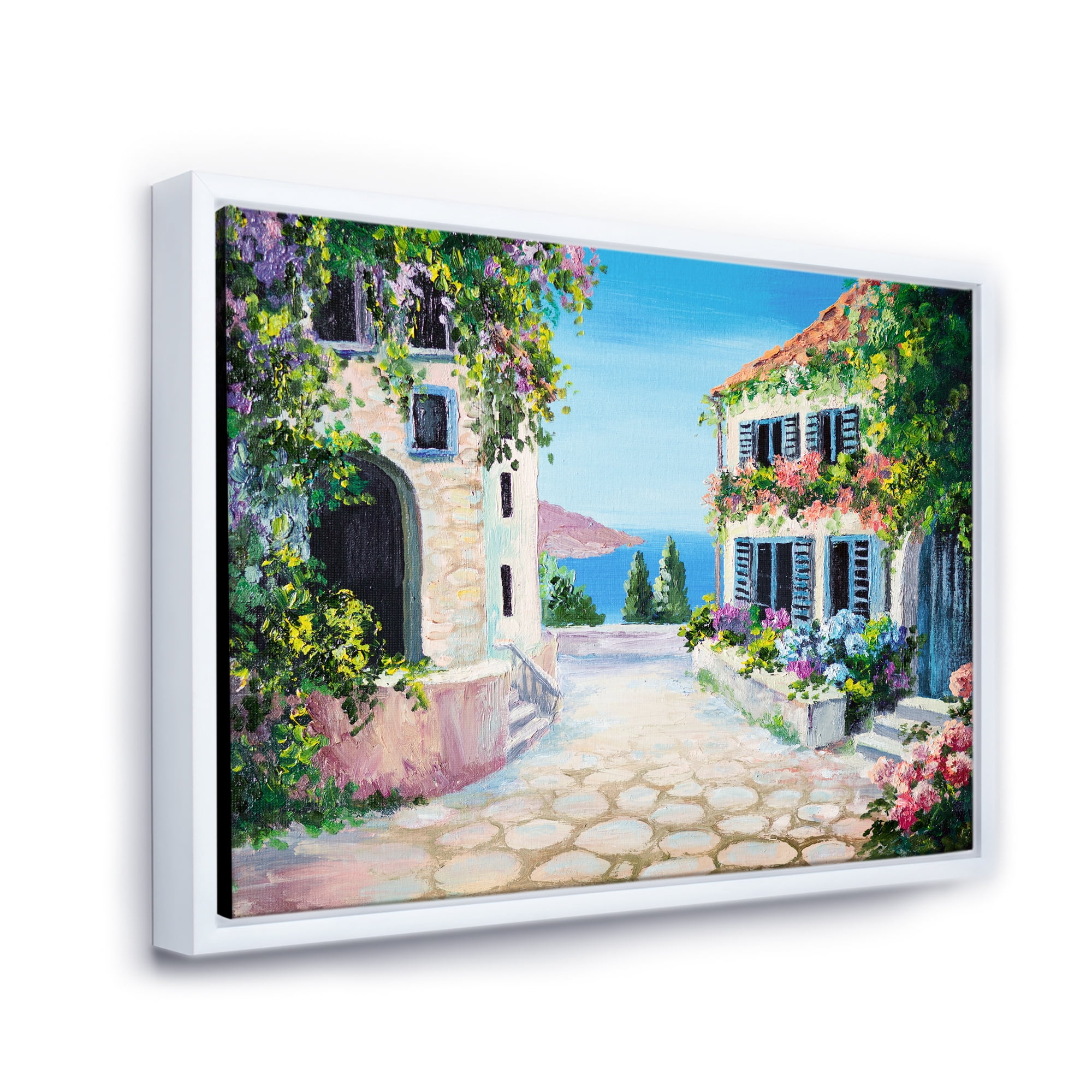 Designart 'Blossoming Flowers With White Houses With Near The Sea' Nautical & Coastal Framed Canvas Wall Art Print