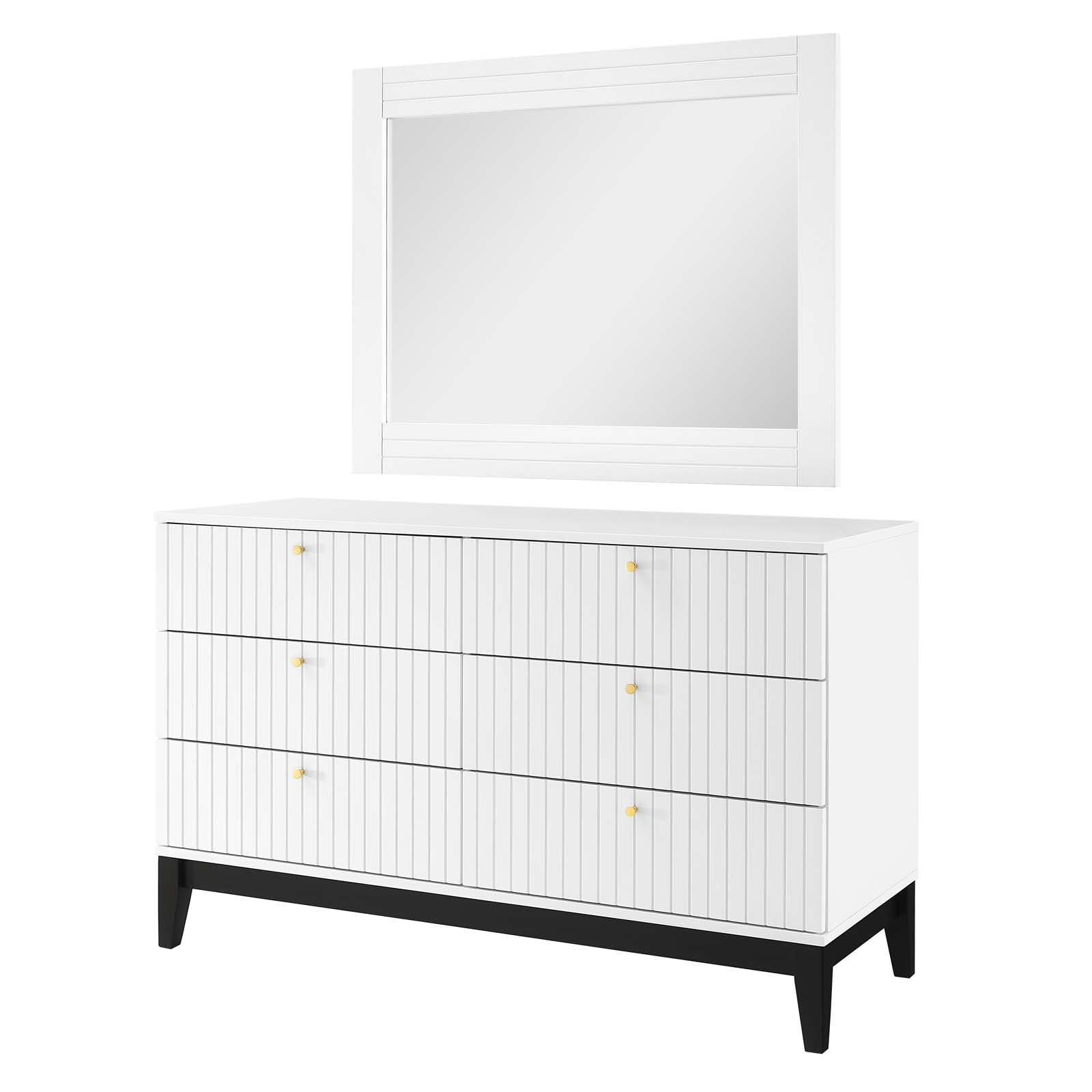 Dresser Drawer Chest Mirror Set, White, Wood, Modern Contemporary, Mid