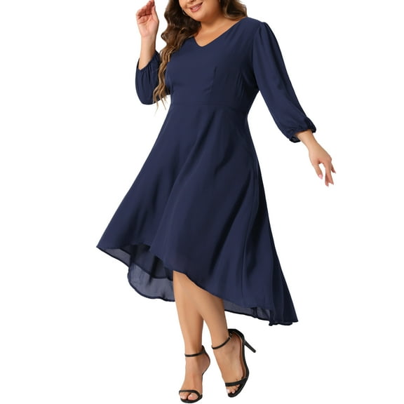 DARING DIVA Plus Size Chiffon V Neck 3/4 Sleeves A-Line Midi Dress 1X Dark Blue