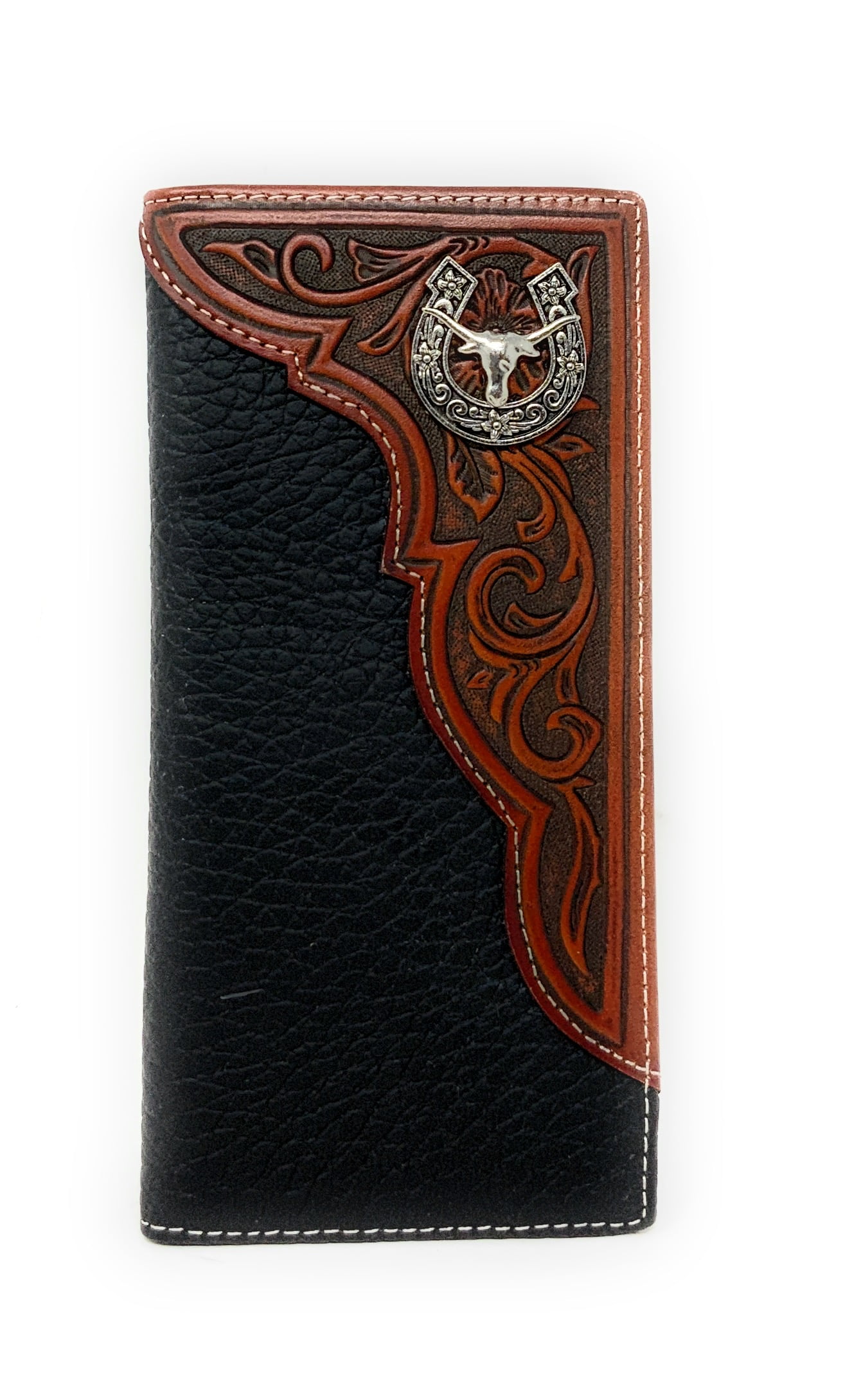 Western Black Brown Hand Tooled Floral Genuine Leather Men's Rodeo Long Wallet 
