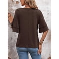 thumbnail image 2 of Camiseta Tops Sialois con cuello en V y volantes para mujer, manga 3/4, color café, 2 of 7