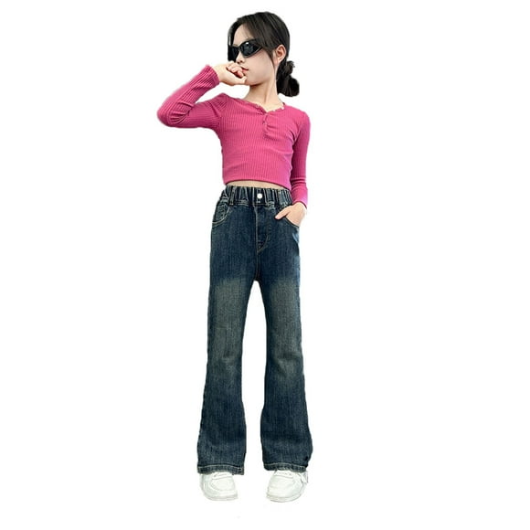 PMVFHDE Toddler Pants Girls Fashion Cute Embroidered Pants Elastic Waist Wide Leg Jeans Loose Casual Demin Pants With Pockets Blue,4-5 Years