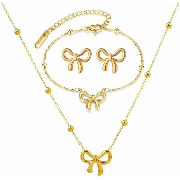 Bow Necklace for Women Titanium Steel Gold Bow Tie Bracelet Necklace Earrings Set Dainty Bowknot Ribbon Necklace Pendant Fashion Jewelry Gifts