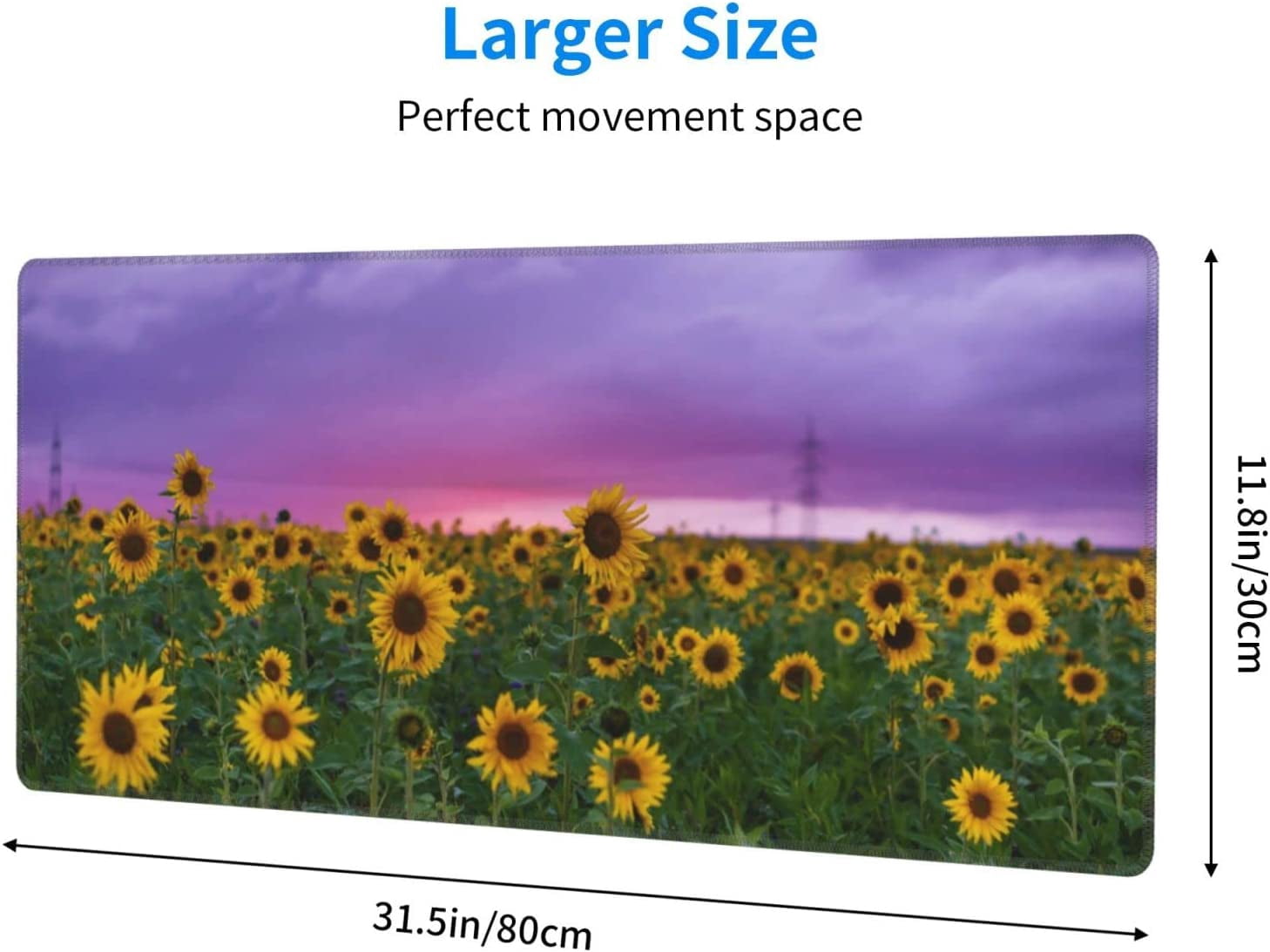Sunflowers Under The Purple Sky Large Mouse Pads Rectangle Long Extended Big Stitched Edge Gaming Mousepad with Non-Slip Rubber Base for Desktop Laptop Keyboard 31.5 X 11.8 Inch