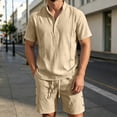 thumbnail image 6 of Uwinwear Men's Linen Casual 2 Piece Outfit Mock Neck Short Sleeve Shirt and Side Button Shorts Set Casual 2 Piece Summer Outfit,Khaki,L, 6 of 6