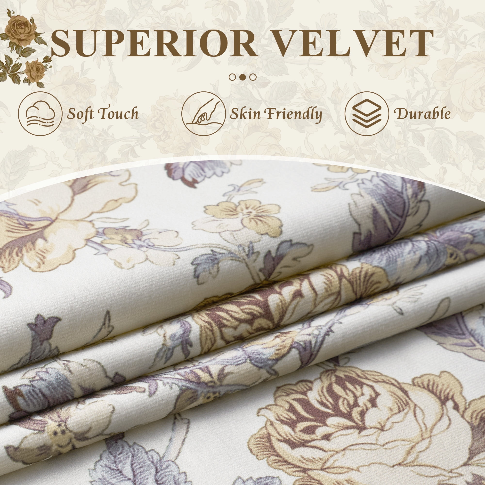 StangH Floral Velvet Curtains Vintage Peony Pattern Curtains French Country Room Darkening for Living Room, Beige, W52 x L84, 2 Panels