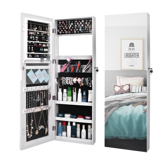 Jewelry Cabinet, Whole Body Mirror Cabinet Makeup Lockable Armoire with Drawers White