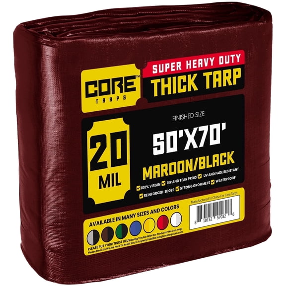 Core Tarps 20 Mil Heavy Duty Tarp Tarpaulin Waterproof Cover, Maroon/Black 50' x 70'