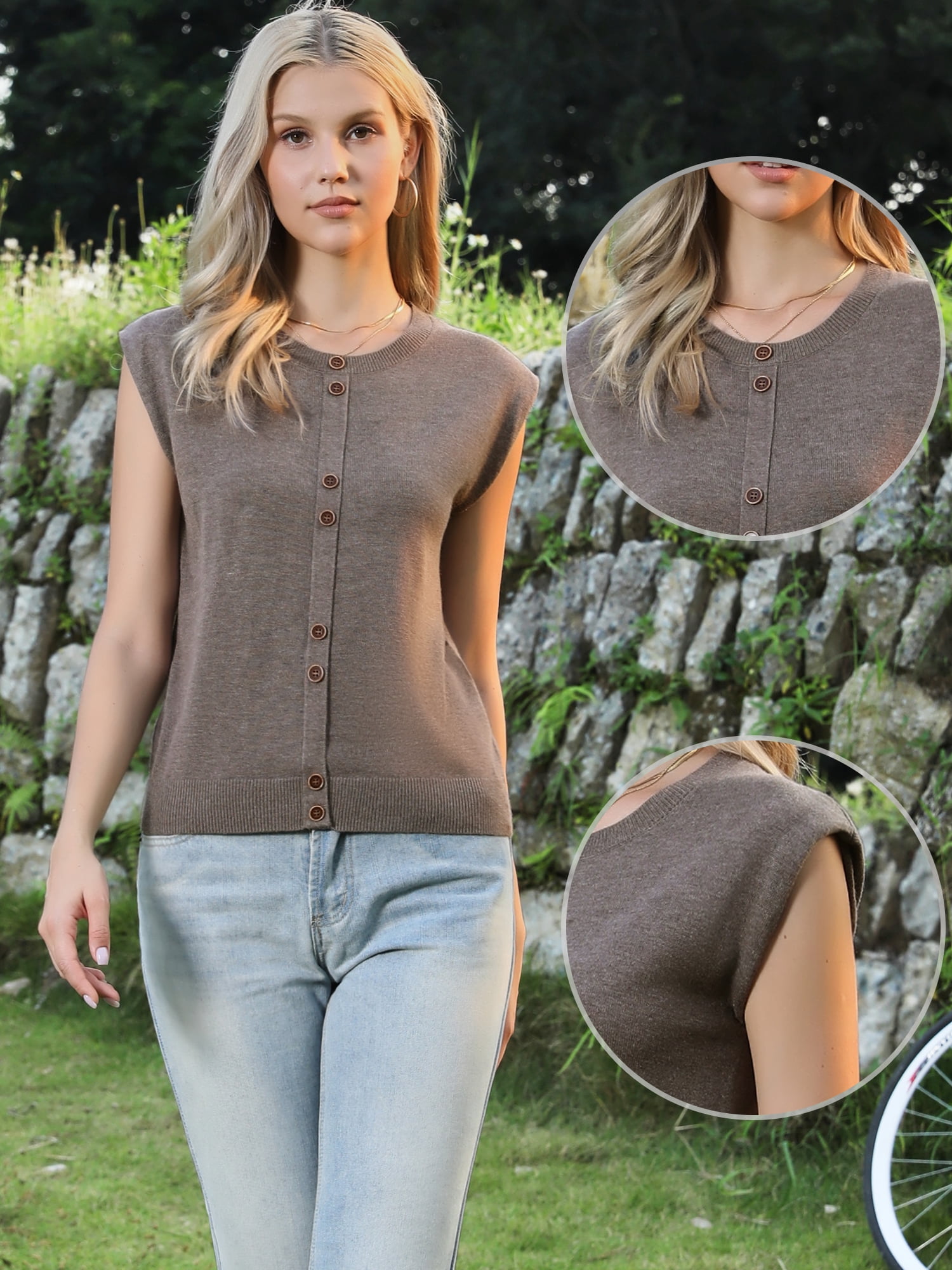 DARING DIVA Women's Crew Neck Cap Sleeve Knit Pullover Tank Top XL Coffee