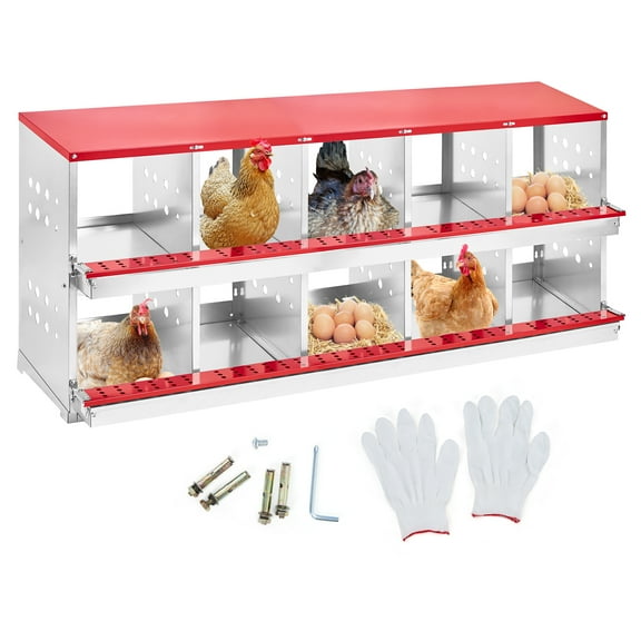 Heavy-Duty 10-Bay Nesting Box for Laying Hens - 0.6mm Galvanized, Red w/Cover, Hole Grip Perch, 157x48x71cm