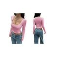 thumbnail image 3 of Women Long Sleeve Square Neck Crop Top Ribbed Slim Fitted Going Out Y2K Tops Casual Basic Shirts Tee Pink S, 3 of 7