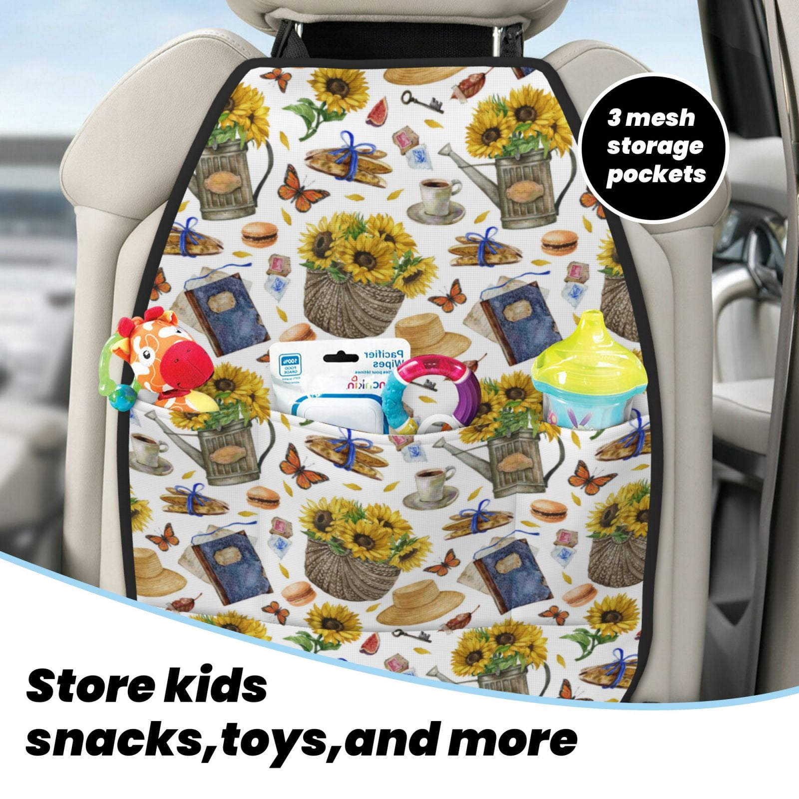 Kdxio Picnic Print 2 Pack Car Kick Mat Seat Cover Back Protector Mat with Pockets for Organizer Backseat Protector and Storage Anti Kick Pad for Vehicles