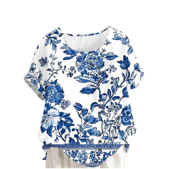 Linen Plus Size Tops for Women Floral Printed Short Sleeve Crewneck Loose Fit Casual Beach Summer Tshirts (XL, Blue)