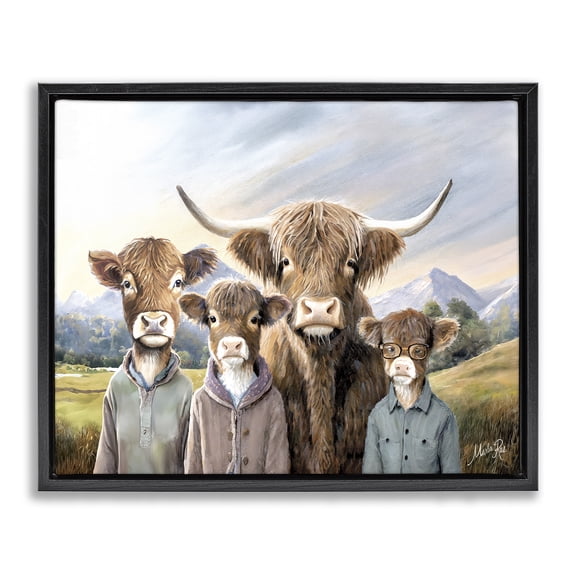 Stupell Industries Cattle Family Portrait Novelty & Humor Painting Black Floater Framed Canvas Art Print Wall Art, 21 x 17