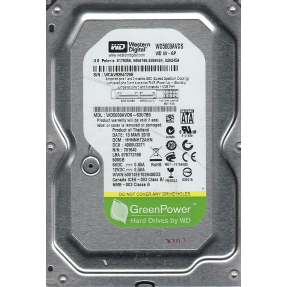 WD5000AVDS-63U7B0, DCM HHNNHT2AHN, Western Digital 500GB SATA 3.5 Hard Drive