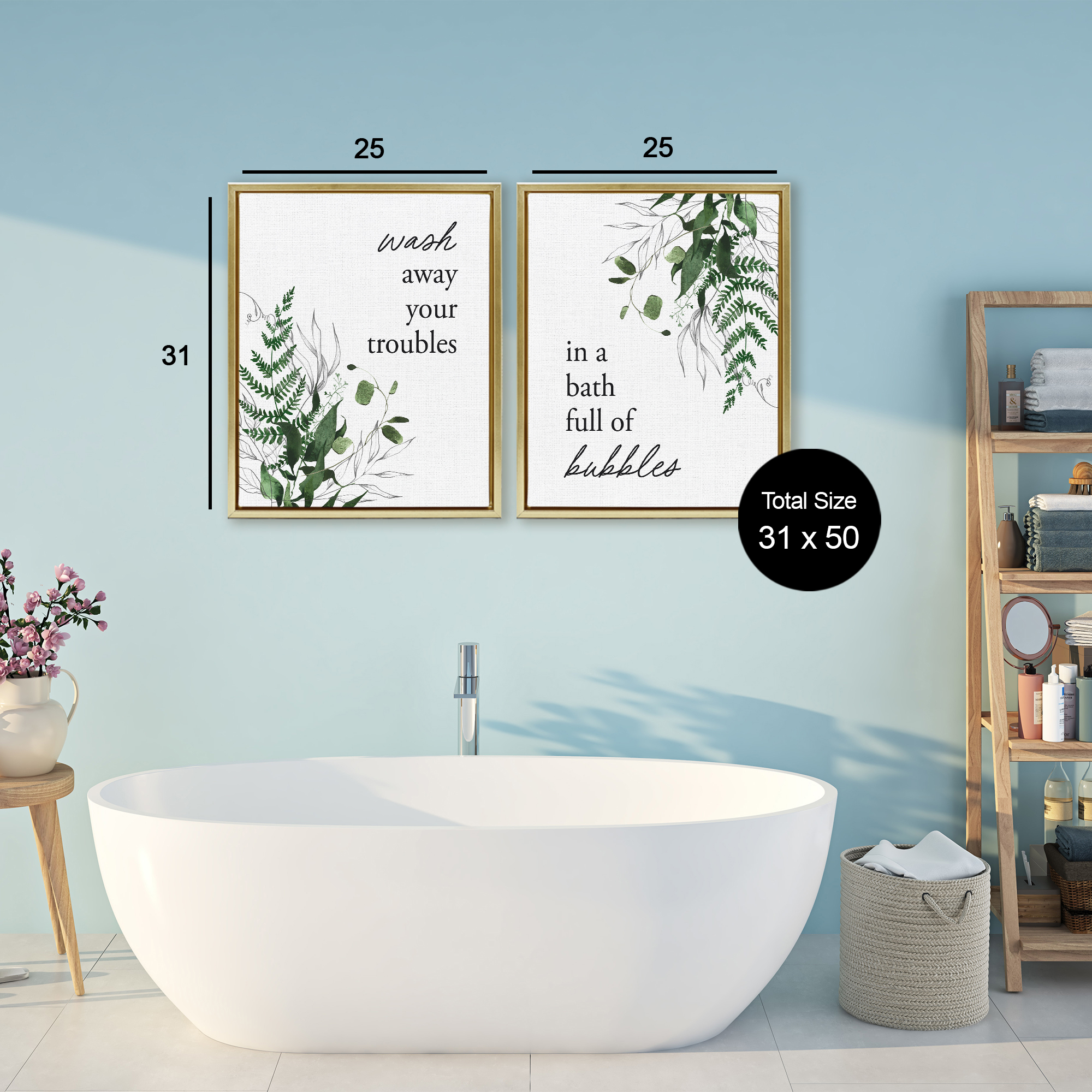 Bubble Bath with Forest Foliage 2 Piece Gold Framed Floater Canvas Set, design by Lettered and Lined