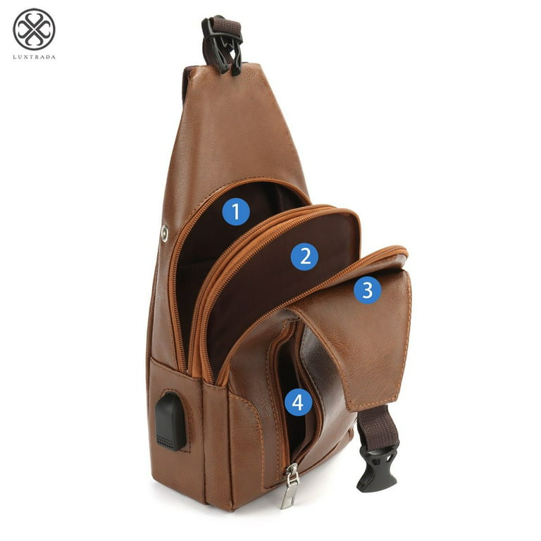 Men's Chest Bag Crossbody Leather Shoulder Bag for Sports or Leisure  Backpacks (Dark Brown 1)