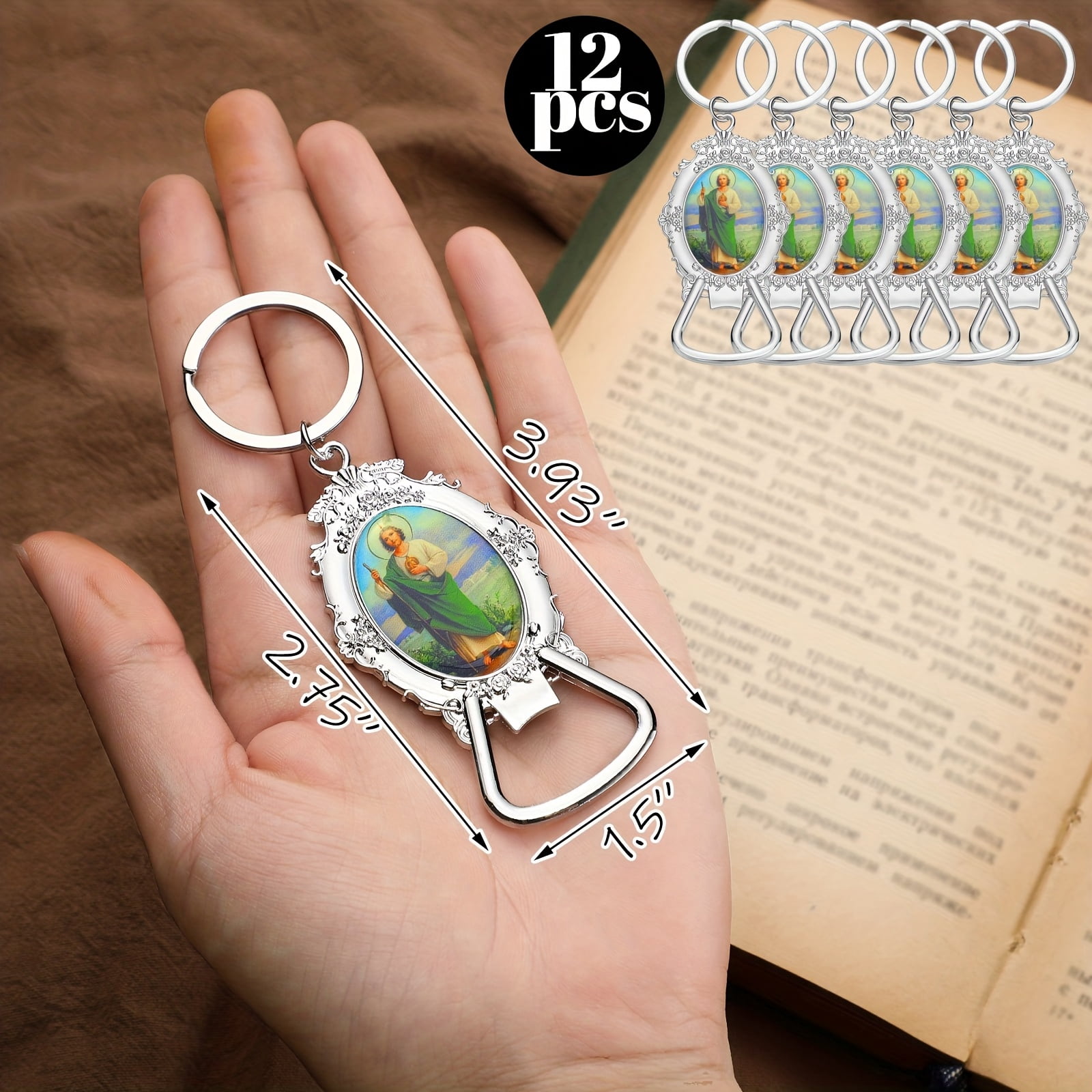12 Sets St. Jude Bottle Opener Keychains with Organza Bags, Zinc Alloy Catholic Keychain Gift Set for Baptism, Church Celebration, Religious Gathering and Faith Inspired Keepsakes