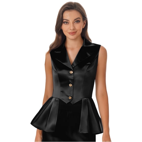 vastwit Women Solid Color Waistcoat Waterfall Ruffled Dressy Vest Sleeveless V-Neck Buttons Blazer Suits Jacket Black 3XL
