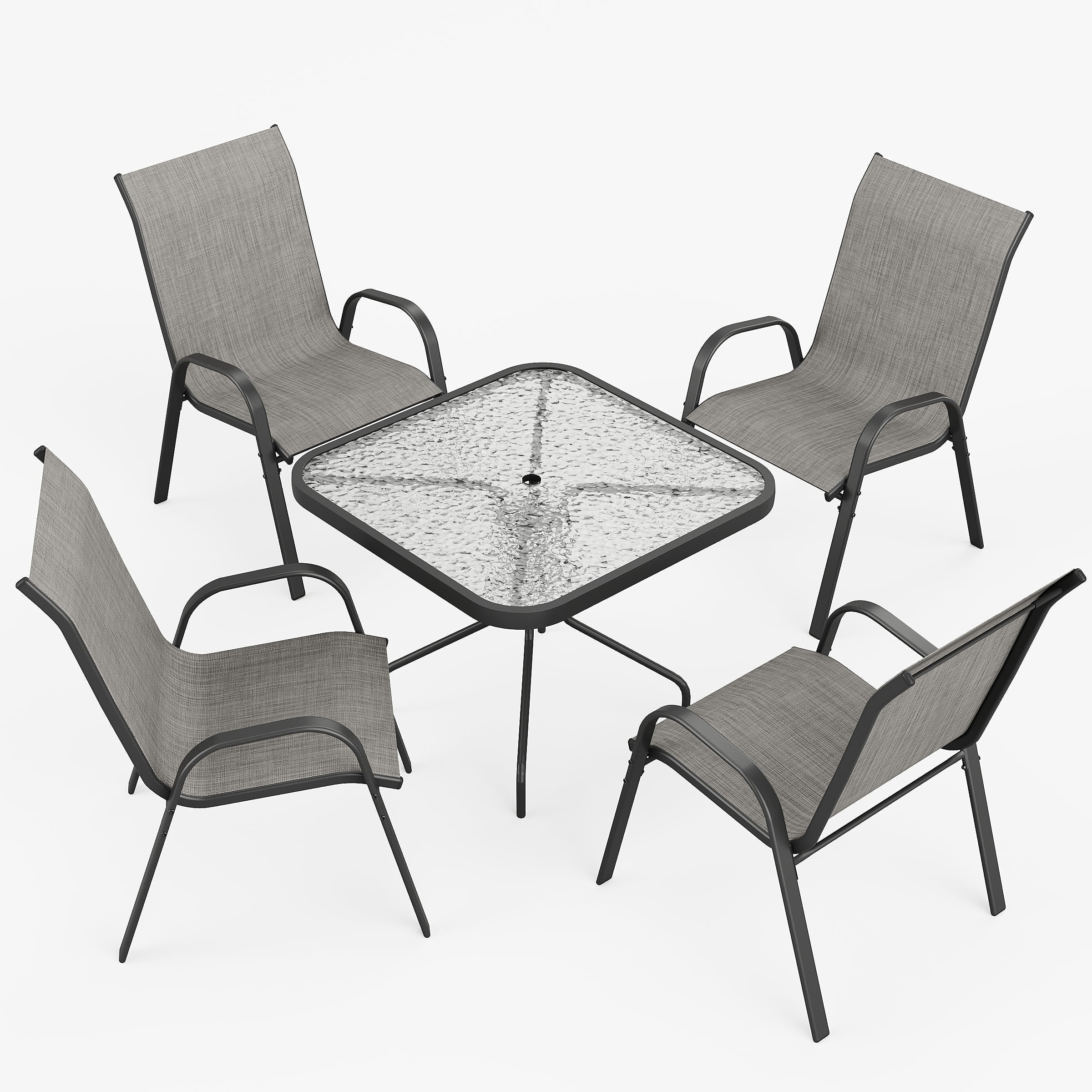 ELPOSUN Outdoor Dining Set of 5, Patio Table and Chairs Set, Textured Glass Tabletop, 4 Stackable Patio Chairs, Patio Furniture, Balcony, Porch, Lawn- Light Grey